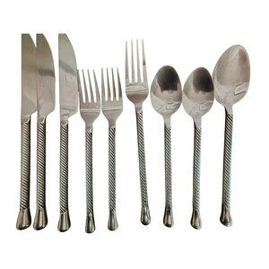 Pier 1 Stainless Steel Silverware Twist Teardrop 9 Pieces, Knives, Forks, Spoons